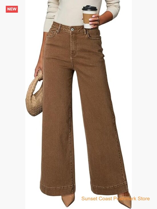 Denim - High Waisted Wide Leg Stretch Denim Pants with Pockets